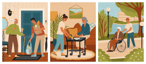 Volunteers taking care of senior people. Nursing home care and old people support concept vector illustration set. Helping with meal, walking, bringing grocery.