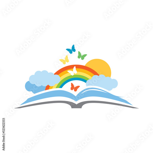 rainbow book and colorful butterflies