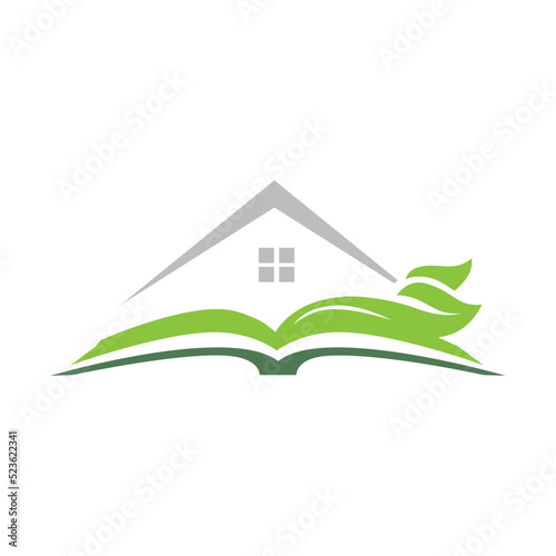 book with house and green leaves