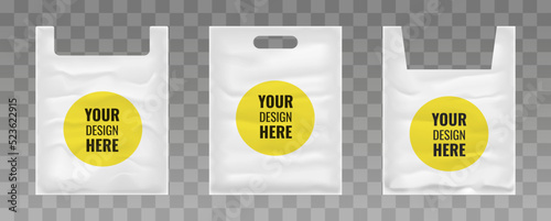 Realistic set of white plastic bag mockup with space for advertising isolated on transparent background. Vector illustration..