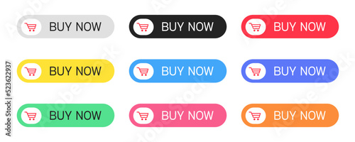 Set of colorful buttons with text buy now isolated on white background. Vector illustration..