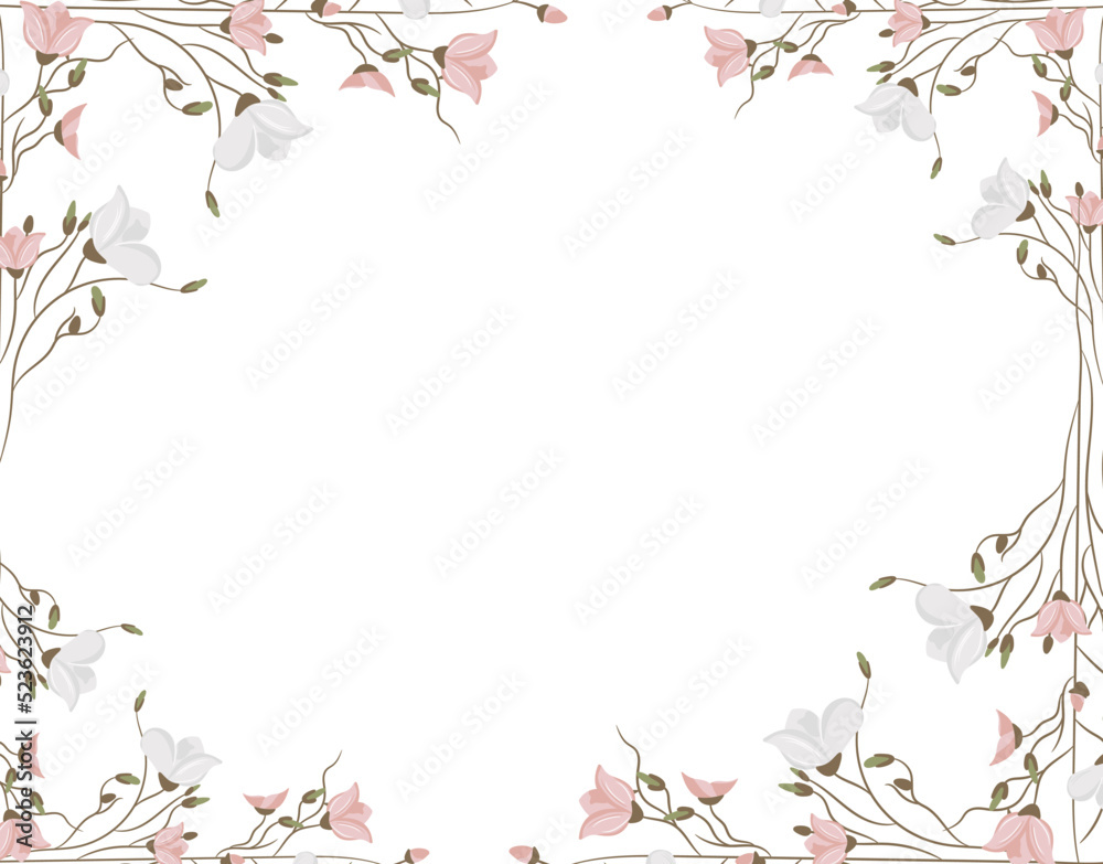 Floral frame. Border of decorative twigs flowers. Isolated on white background. Floral frame. Border of decorative twigs flowers. Isolated on white background.