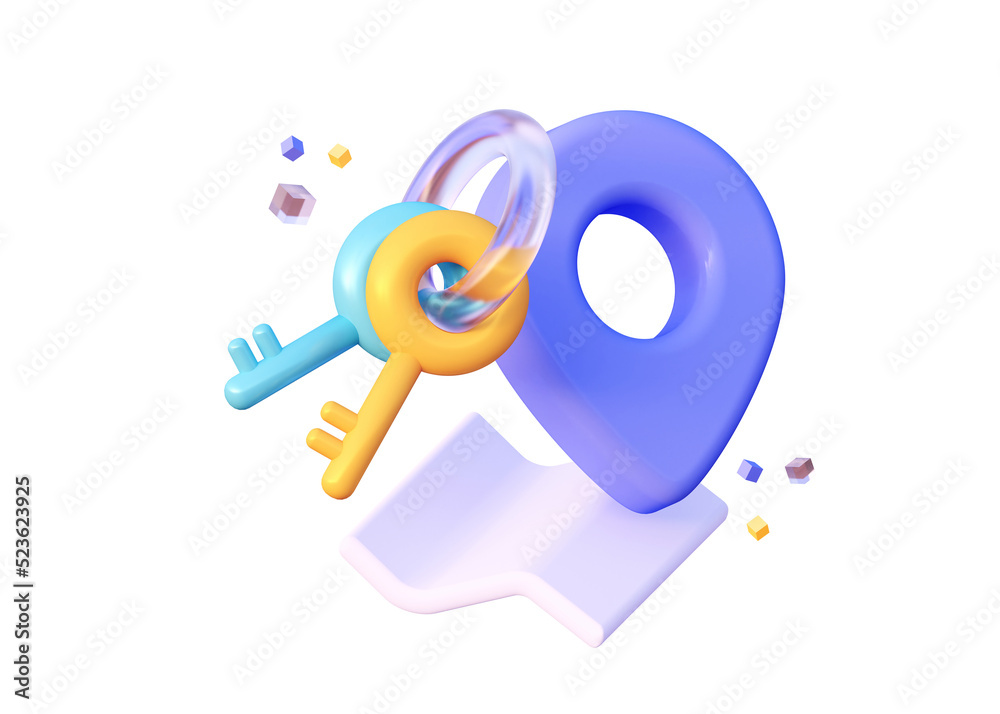 3d icon Locator mark of map and location pin. Navigation with key from appartment. 3D rendering. 3d icon Locator mark of map and location pin. Navigation with key from appartment. 3D rendering.