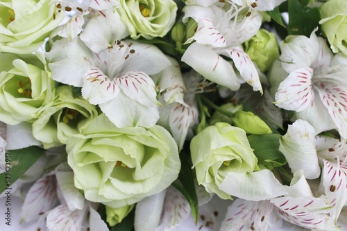 White and light salad flowers with a solid background. Alstroemeria and eustoma. Delicate floral arrangement. flower arrangement. Background for a greeting card.
