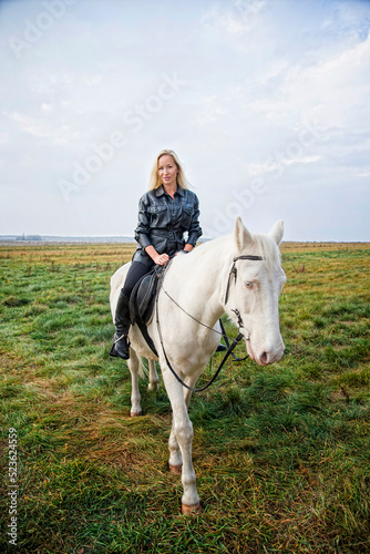 young beautiful blond smiling woman with long hair in black dress riding a white horse with blue eyes in autumn field  © Tetatet