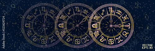 Red and Yellow Round Frame with Zodiac Signs. Horoscope Symbol. Panoramic Sky Map of Hemisphere. Glowing Constellations on Starry Night Background. Vector. 3D Illustration