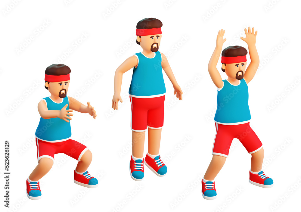 Obraz premium 3d cartoon man doing squats. Funny man crouches in sportswear.