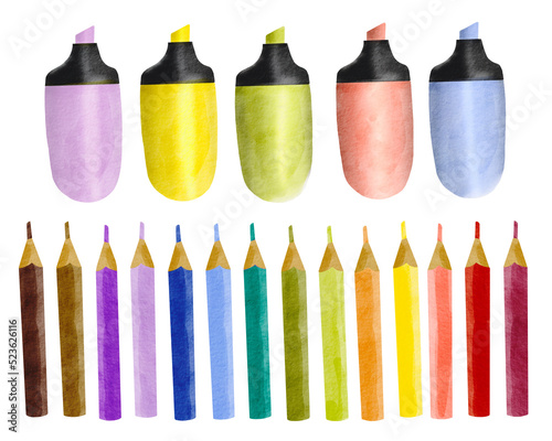 set of colored markers and pencils