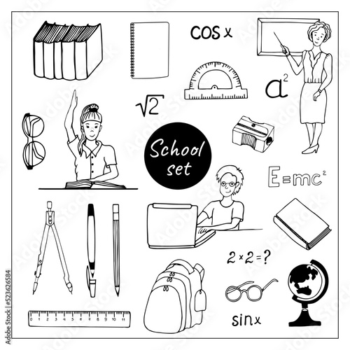 School doodles with characters and quotes. Set of hand-drawn illustration of school teacher, students and stationery.