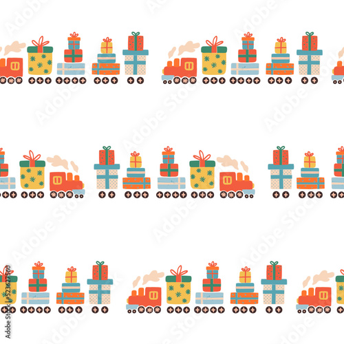 Cute retro locomotive engine, the steam train delivers gift boxes with bows and ribbons. Vintage Christmas greeting card