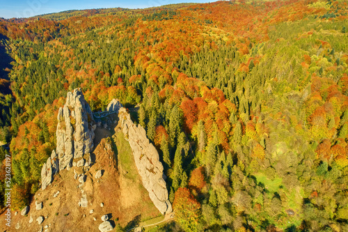 Aerial view from drone to Tustan fortress - archeological and natural monument of national significance in Urych village in autumn time, Ukraine.