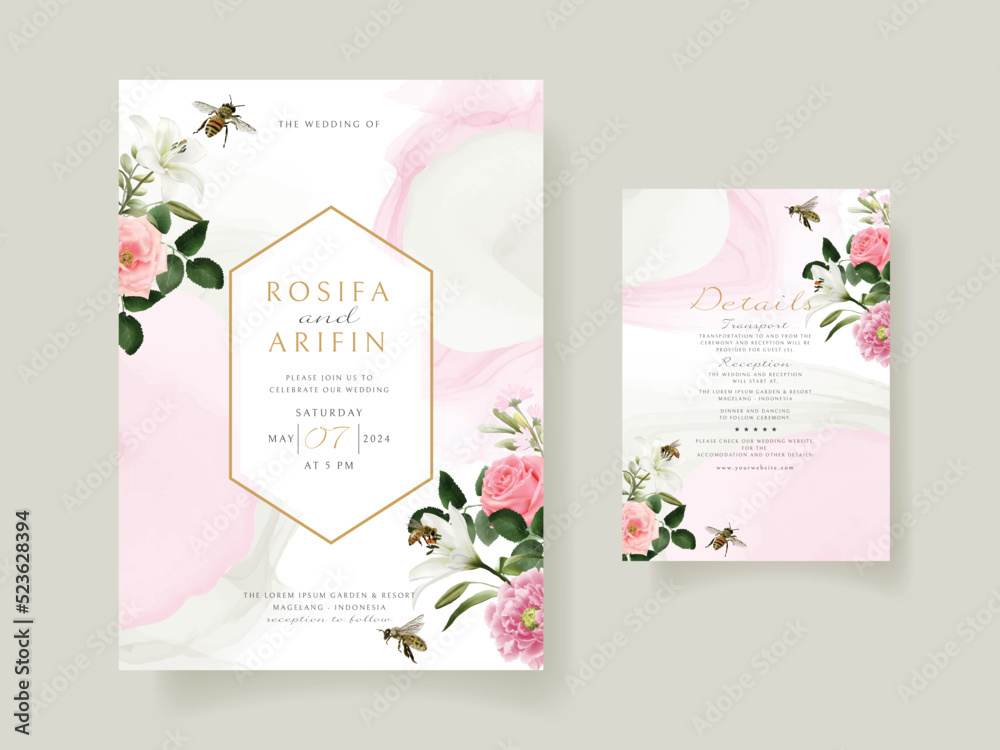wedding invitation card template with beautiful floral hand drawn