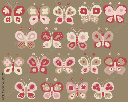 Folk Art Butterflies Illustration in Red, Pink and Tan Colors.