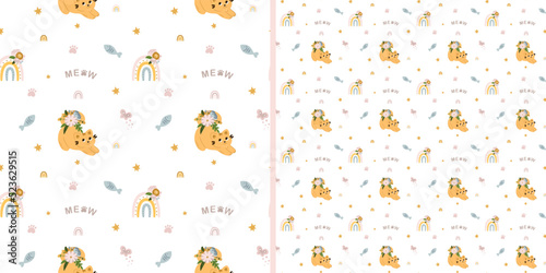 Seamless pattern with cute cats in flowers on a white background. Children's texture in scandinavian style for fabric, textile, clothing, nursery decoration. Vector illustration