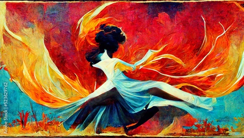 Tanzkontest, Plakat für einen Tanzwettbewerb in hellen, kräftigen Farben, tanzende Frau photo