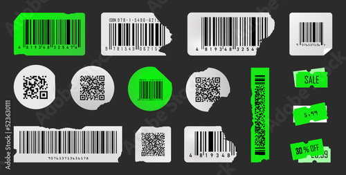 Damaged or spoiled QR codes and barcode labels. Beautiful damaged or curl qr code and barcode stickers. Round, square or rectangular labels. White and acid green colors. Trendy Vector graphic elements photo