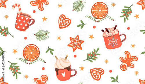 Seamless pattern with winter drinks,gingerbread,orange and berries.Hot chocolate with cream, cocoa with marshmallows and coffee with caramel.Vector hand drawn illustration.Print on fabric and paper.

