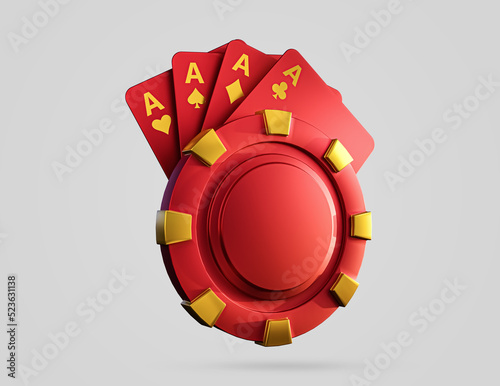 Casino chips and cards 3d icon. Casino chips, bet cards, bet item. Casino game golden 3D chips. 3d rendered illustration. 