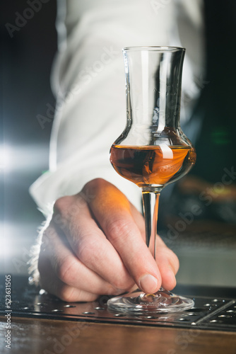 Strong alcohol. A professional bartender in a white shirt and black apron holds a tasting glass, the trend drinks concept. Vertical photo 