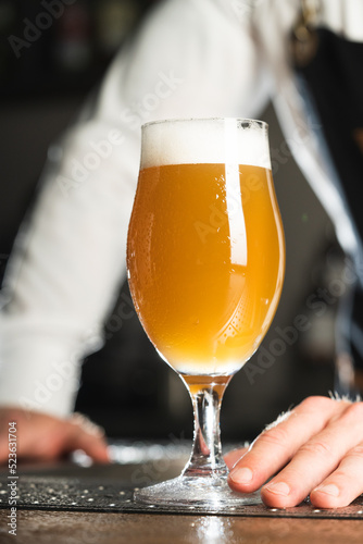 Beer. A professional bartender in the background, men in a white shirt and a black apron, the trend drinks concept. Vertical photo 