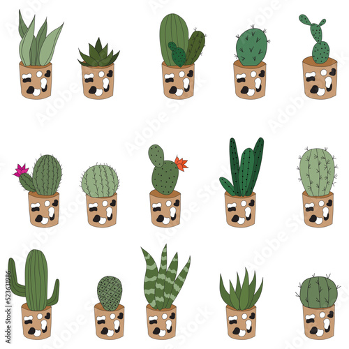 Set Cute doodle cacti in clay pots. Vector illustration with cute indoor plants. set of 15 plants
