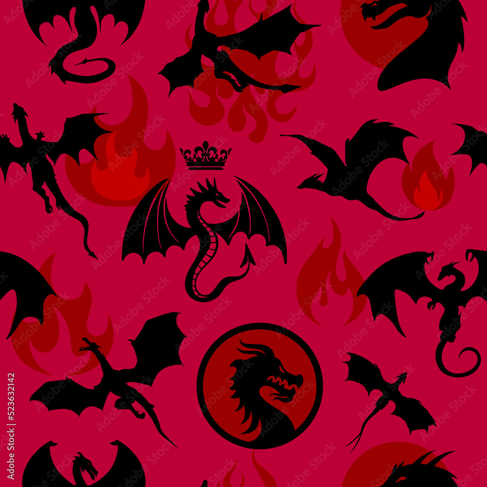 Seamless pattern made up of dragons, wyverns and fire. Endless pattern for printing on package, wrappers, envelopes, cards, clothes or accessories. Wallpaper or poster for series House of the Dragon.