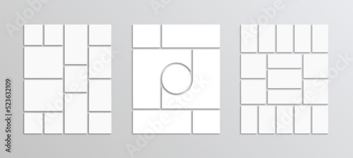 Three photo collage layout. Scrapbook grid set. Mood board background. Moodboard template collection. Mosaic picture frame. Gallery banner. Album brandboard. Portfolio images. Vector illustration