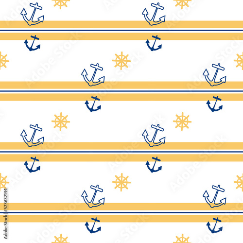 Anchor and rudder on a striped background. seamless marine pattern