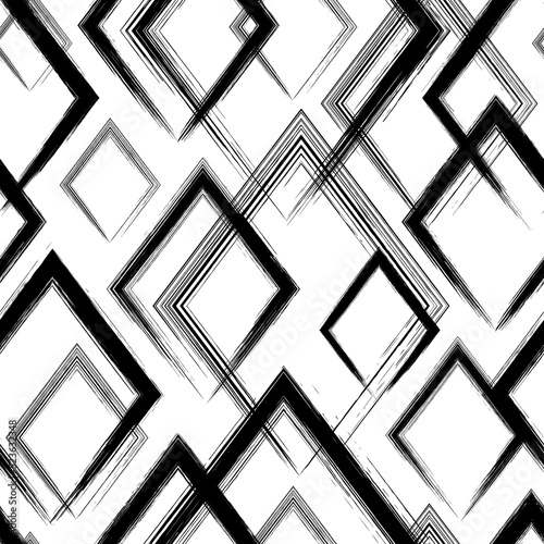 Abstract seamless pattern. Repeat brush strokes backdrop. Repeated black rhomb on white background. Grunge line texture. Repeating geometric rhombus for design prints. Abstract bg. Vector illustration