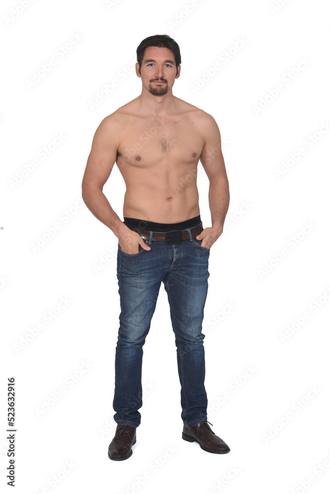 shirtless man with hands on pockets on white background shirtless man with hands on pockets on white background