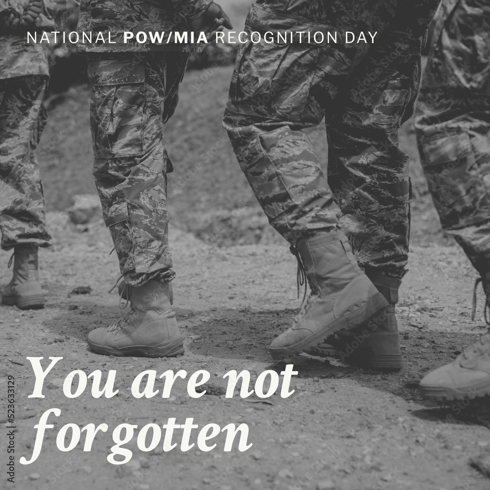 Fototapeta premium Animation of national pow mia recognition day text over diverse soldiers soldier
