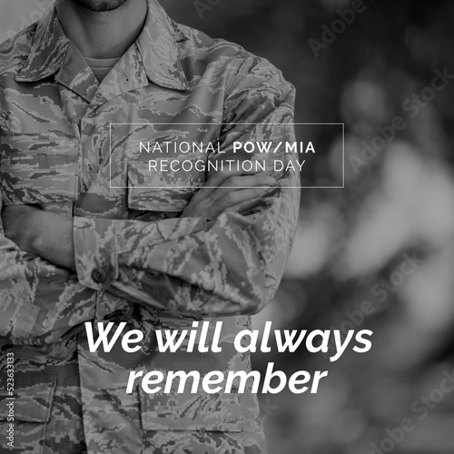 Animation of national pow mia recognition day text over caucasian soldier