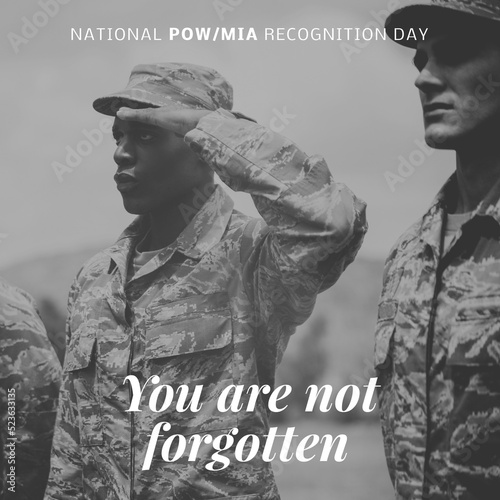 Animation of national pow mia recognition day text over diverse soldiers