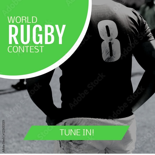 Composition of world rugby contest text over african american rugby player