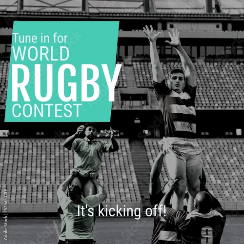 Composition of tune it for world rugby contest text over diverse rugby players