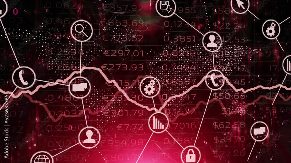 Red negative business data with tech icons animation. Red negative business data with tech icons animation.