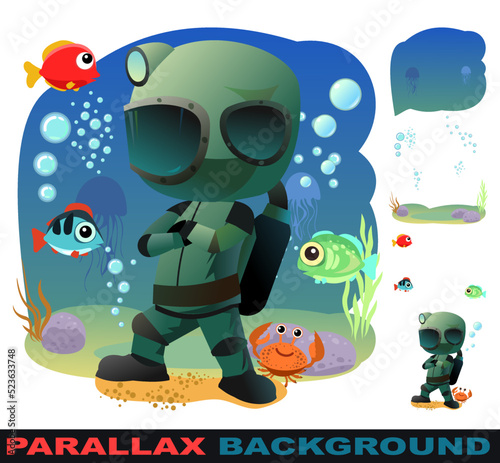 Diver in retro scuba gear record winner. Set parallax effect. With fish and crab. Guy in underwater suit bottom of pond. Person in lake or sea. Air bubbles. Boy man swim. Vector