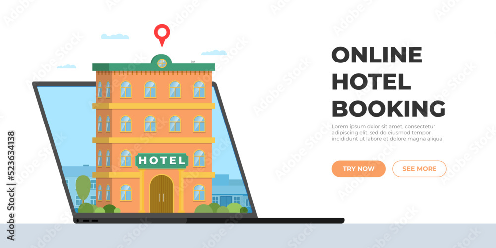 Hotel booking online service for tourism landing page template. Travel apartment reservation concept. Vacation motel building and location pin on laptop screen. Vector illustration hostel searching