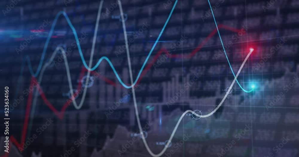 Animation of financial data processing with graph on black background
