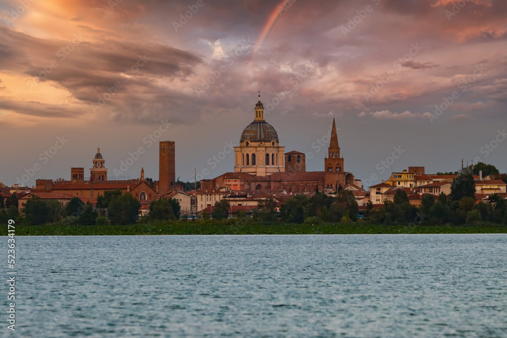 Mantova landscape at sunset with pink clouds