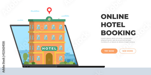 Hotel booking online service for tourism landing page template. Travel apartment reservation concept. Vacation motel building and location pin on laptop screen. Vector illustration hostel searching