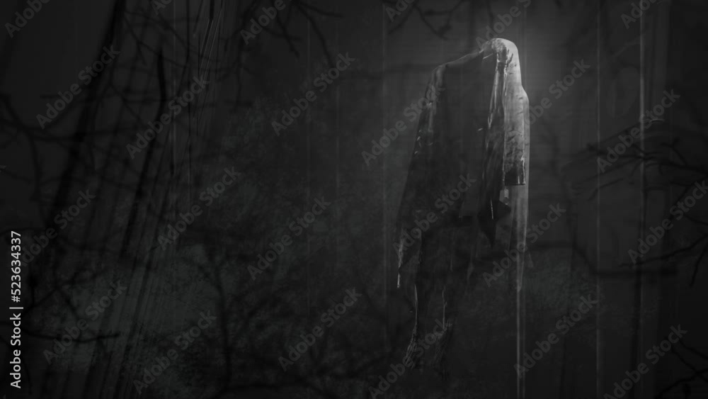 Animation of interference and tree branches over ghost on black background at halloween