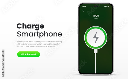 Battery charging process. Phone charge showing on smartphone screen. Plugged and charging phone. Vector illustration EPS10.