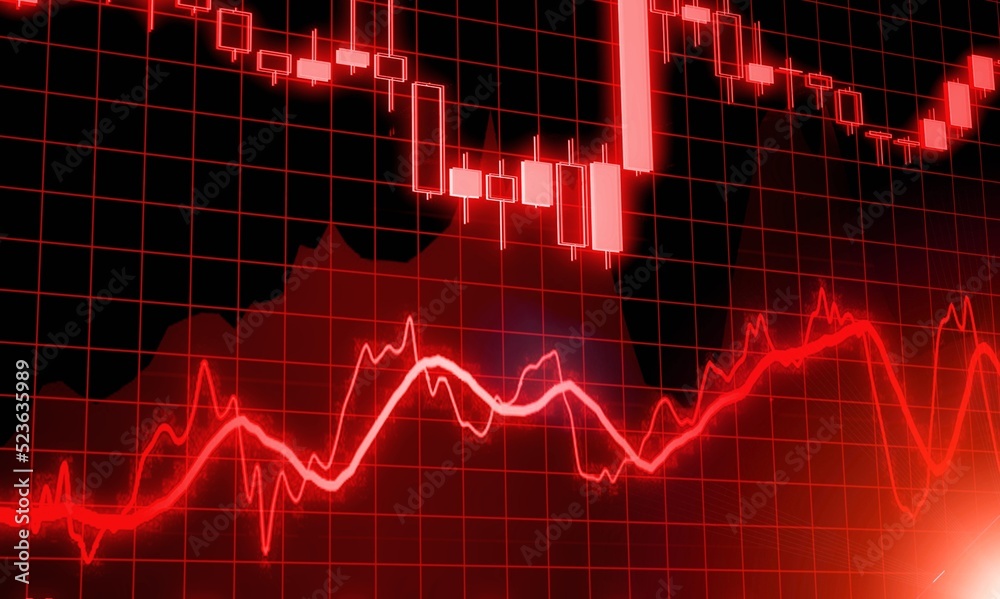 The red crashing market volatility of crypto trading with technical graph and indicator, red candlesticks, market fear and downtrend. Cryptocurrency background concept. The red crashing market volatility of crypto trading with technical graph and indicator, red candlesticks, market fear and downtrend. Cryptocurrency background concept.