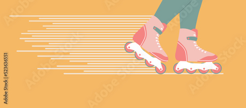 vector female legs in roller skates. two legs in pink roller skates ride.