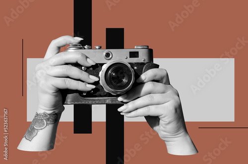 Digital collage with female hands holding vintage film camera photo