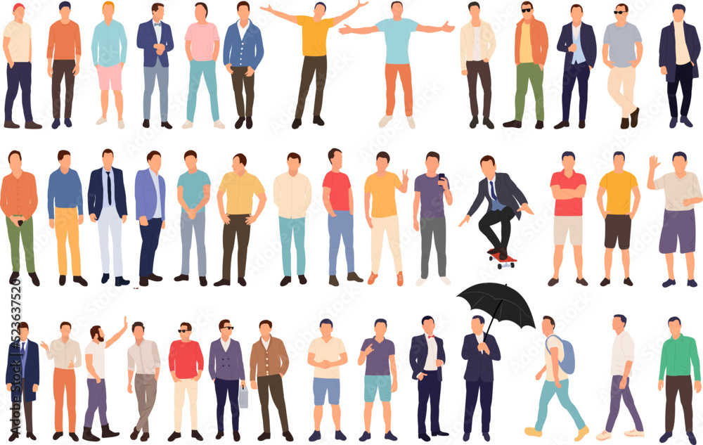 set of men, guys in flat style, isolated, vector