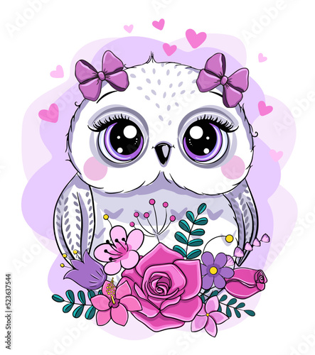 little cute owl and flowers. cartoon vector illustration
