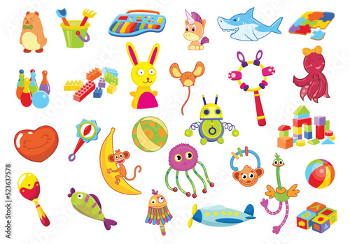 Collection of children toys. Kid development and entertainment isolated on white background. Bundle of tools for kid amusement and play. Bright colored vector icons