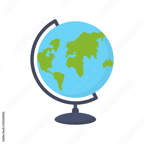 World globe with stand. School Earth map. Continents and ocean model sphere. Education and travel element. Vector isolated on white.